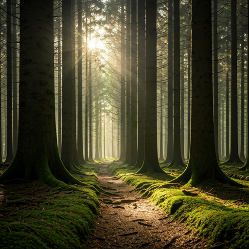 Deep forest sunlight through ancient trees